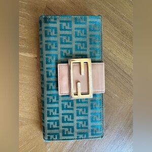 Rare Vintage Fendi Zucca FF Logo Leather & Canvas Continental Wallet Teal